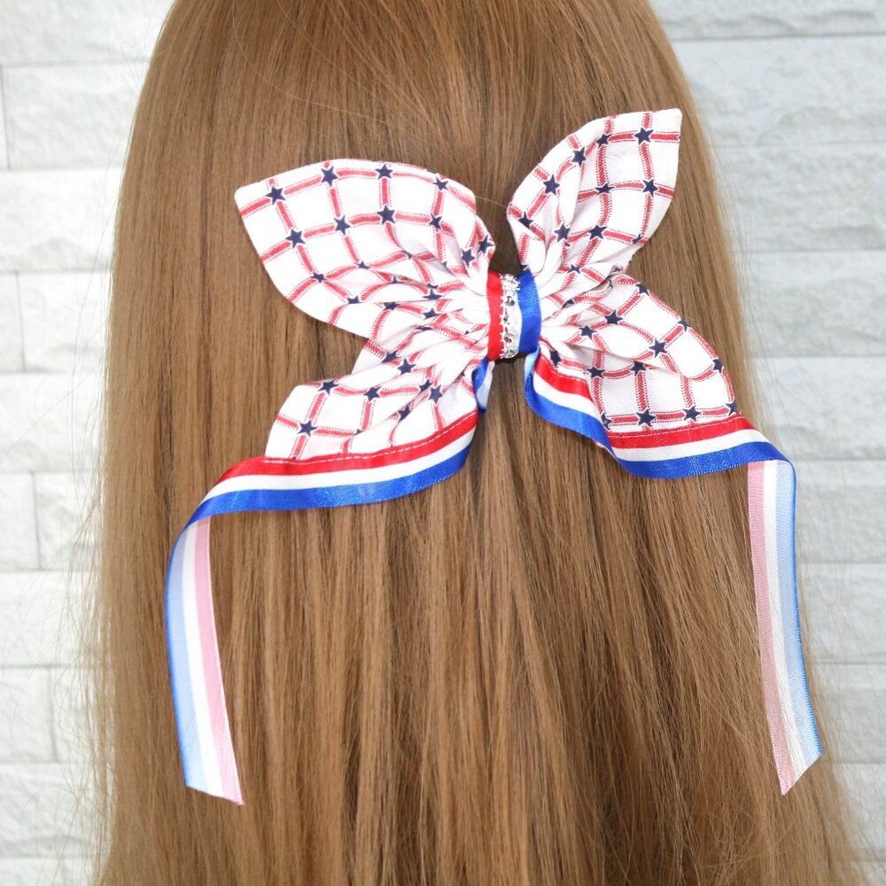 HAND CRAFTED Bow Plaid Star Hair Butterfly Patriotic Oversized Ribbon Tail White
